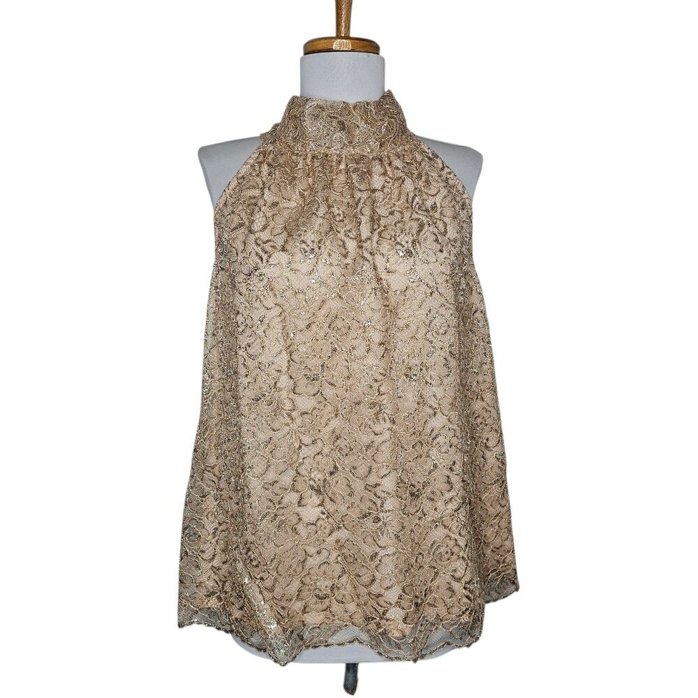J.Crew Tie Neck Metallic Lace Sleeveless Top Gold Beige NWT Size L